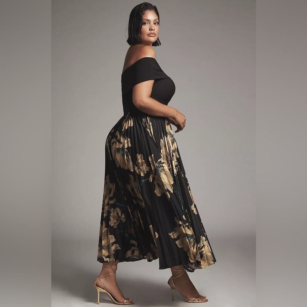 Anthropologie Black One-Shoulder Midi Dress with Gold Floral Pleats - Picture 5 of 6